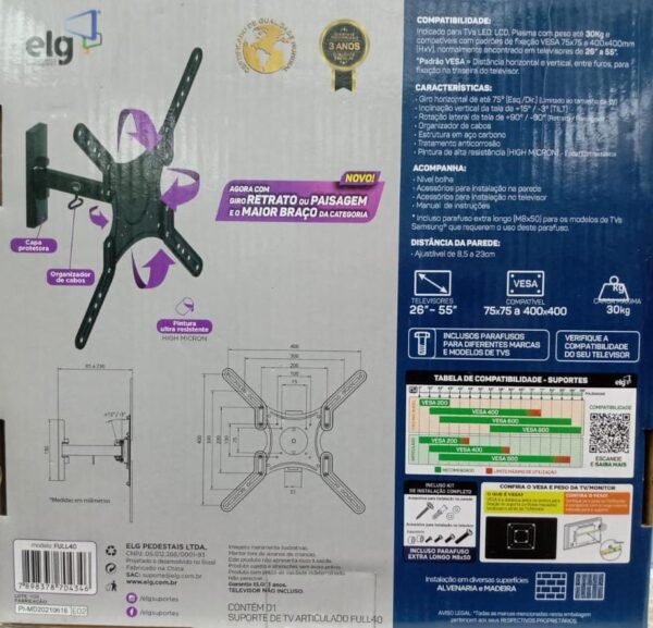 Suporte Tri Articulado Tv 26 A 55 Full 40 Pro ELG Cor Preto - Imagem 2